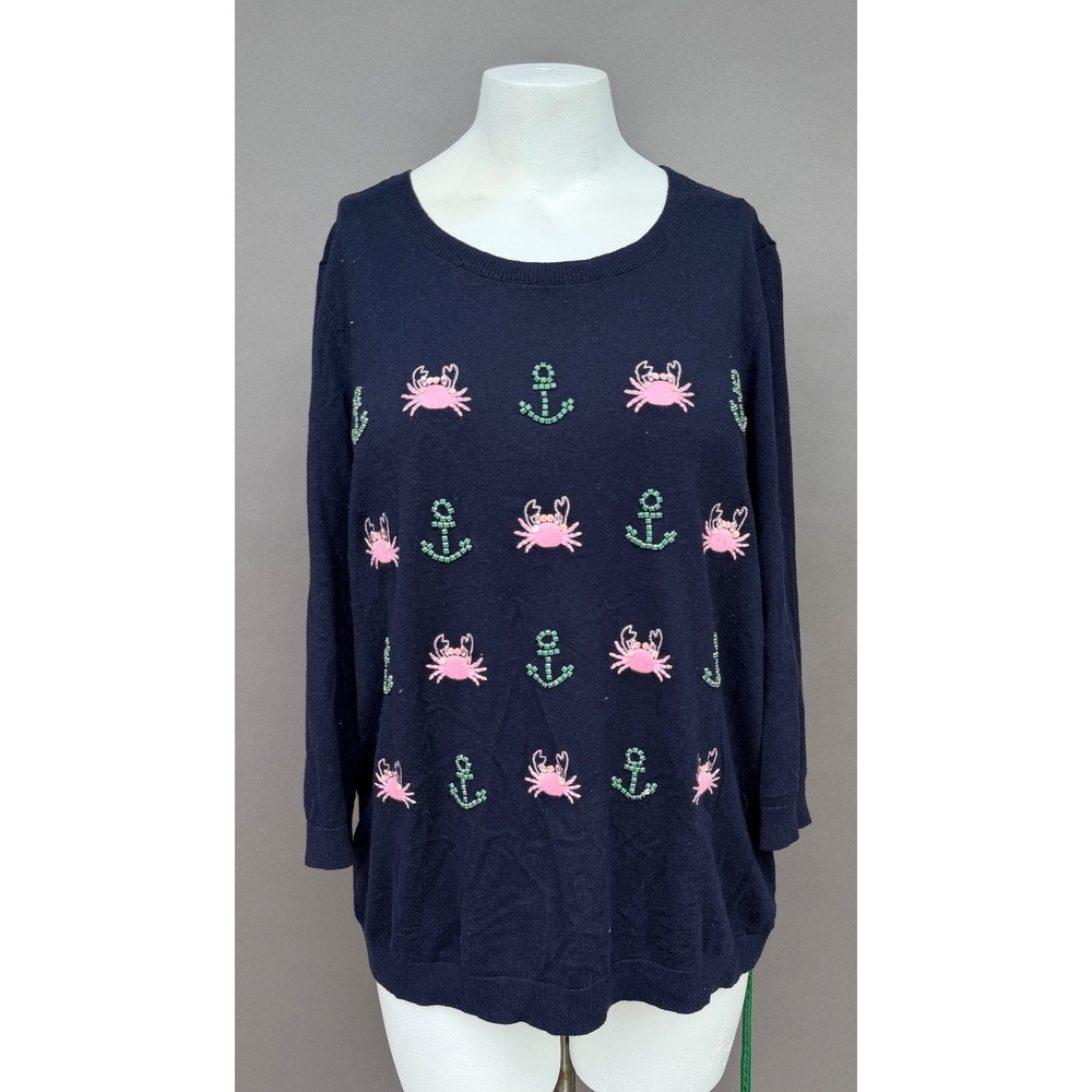 Talbots Woman Navy Blue Sweater 2X Pink Crab Green Anchor Beaded Sequin Nautical